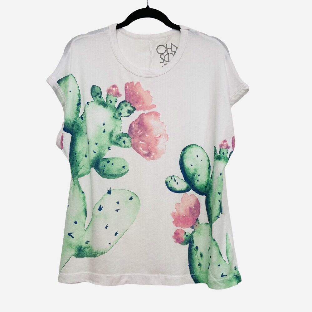 Chaser White 100% Cotton Cactus Flower Plant T-Shirt Top Women's Size L